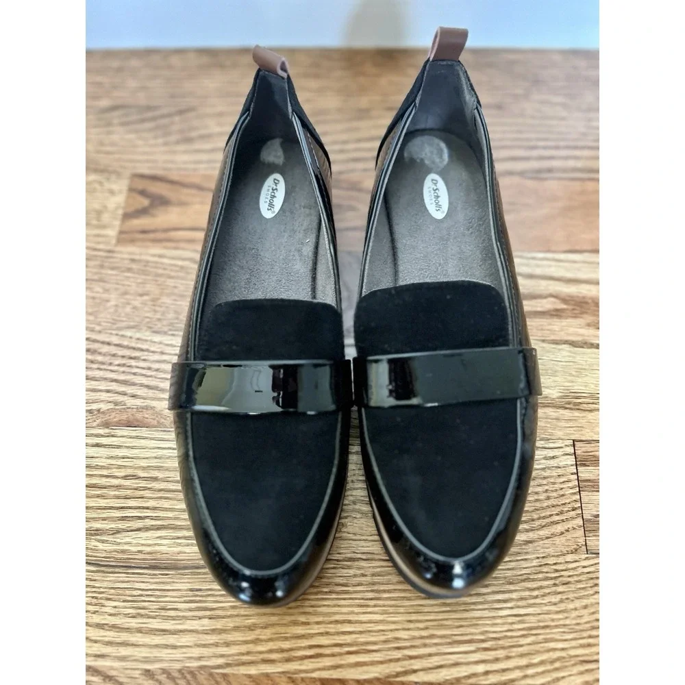 Dr. Scholl's Webster Preppy Loafers Black Slip‎ On Faux Patent Microsuede Sz 6.5
